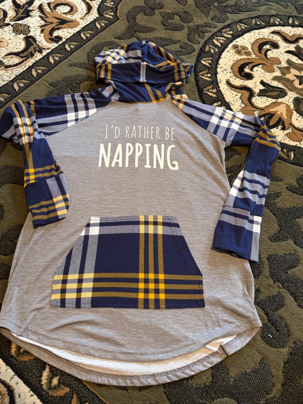 LuLaRoe Gray Hoodie with Navy and Yellow Plaid Accents